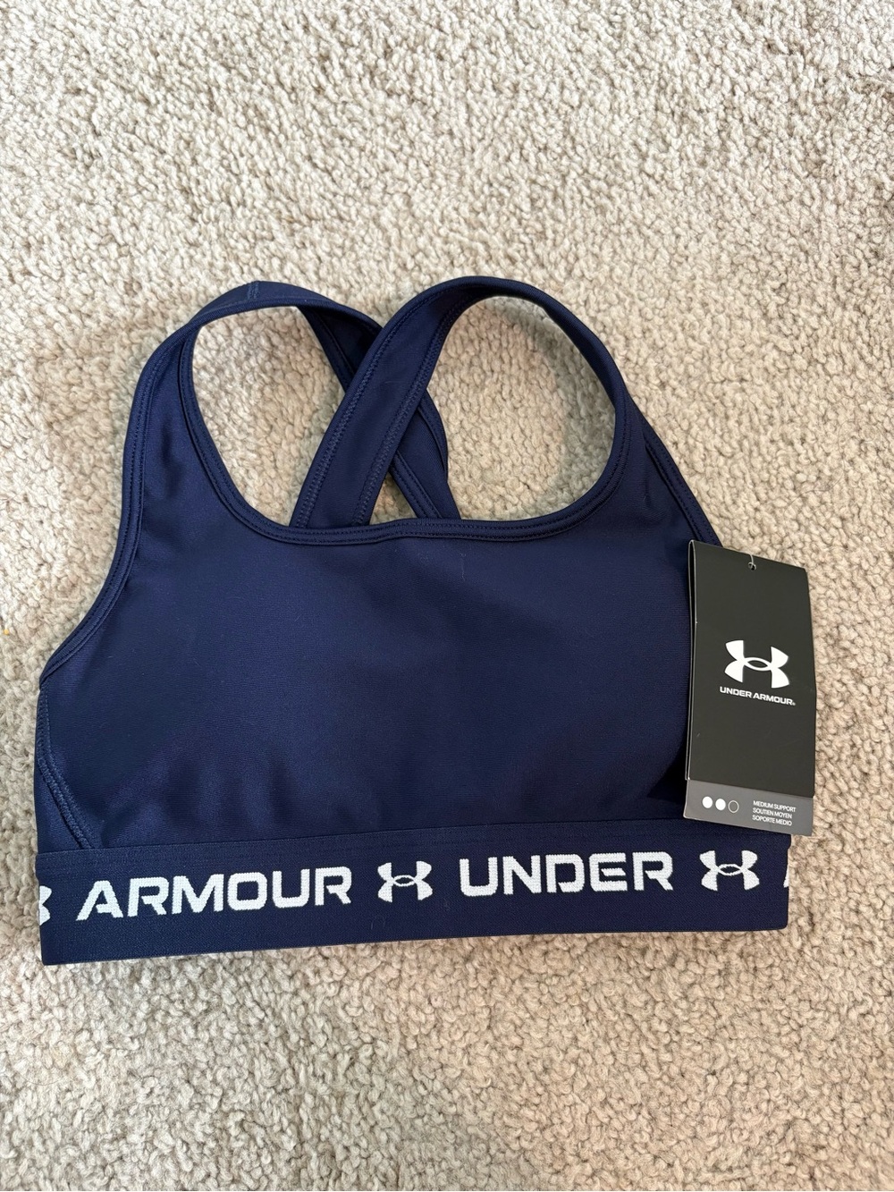 NWT Under Armour Navy Sports Bra Sports Gym Girl Workout Attire Yoga Size XS